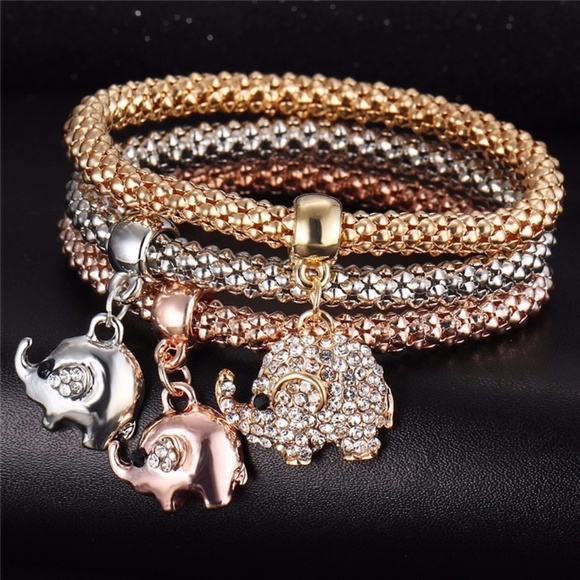 3 PCS Elephants Crystal Multi Toned Bracelet Set - Picture 3 of 3